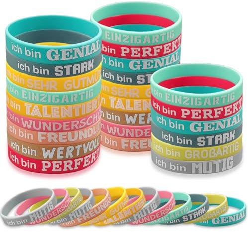 LHOEST 36 Stück Bunt Motivationsarmbänder Kinder, Deutsch Armband Kinder für Abschluss Geschenk Schüler, Silikonarmband mit Inspirierenden Sprüchen für Abschiedsgeschenk Mutmacher kinder