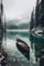 Acryl-Bild 30 x 50 cm: Schwarz-Weiß-Bild eines Holzbootes auf einem See in den Bergen (206724617)