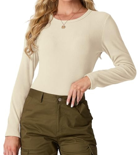 IWOLLENCE Basic Tops Women Ribbed Knit Round Neck Long Sleeve T Shirts Women Basic T-Shirt Y2k Slim fit Tee Tops (Beige, M)