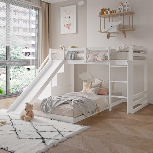 MODUDY Lit superposé Enfant 90x200, lit Mezzanine Unique avec Toboggan et escalier, lit Mezzanine 2 Places, lit Familial, Bois Massif, Blanc