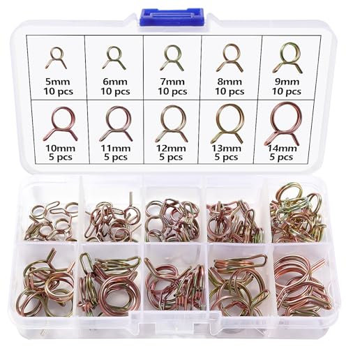 Lyeteung 75 Piezas 10 Tamaños 5-14 mm Kit de Abrazadera de Manguera de Resorte de Doble, Abrazaderas de Manguera de Resorte, Abrazadera de Manguera de Vacío, para Tubería Agua Manguera, Oro