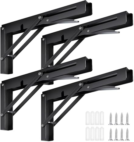 Vivikivi 4 PCS Folding Shelf Brackets, Heavy Duty, Black, 8 inch | Collapsible Table Brackets Supports Space Saving Folding Hinge for Home Kitchen Office Max Load 220 lbs/100 kg