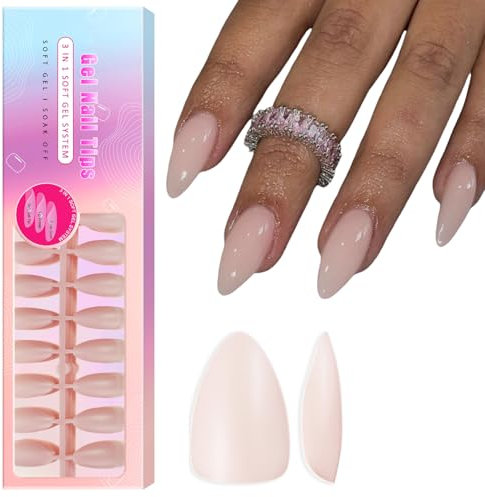 SXVME Soft Pre-Colored Acrylic Nail Tips, Nude Pink False Nails Medium Almond, Solid Color Matte Gel Press on Nails Medium Stiletto Full Cover Artificial Fake Nail Extensions for Women DIY 300 Pcs