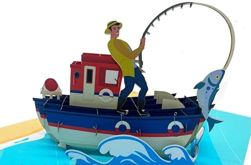 Lustige 3D-Pop-Up-Karte, Fischer im Boot, Fischfang, Vatertag, Geburtstagsgeschenk, lustige 3D-Pop-Up-Karte