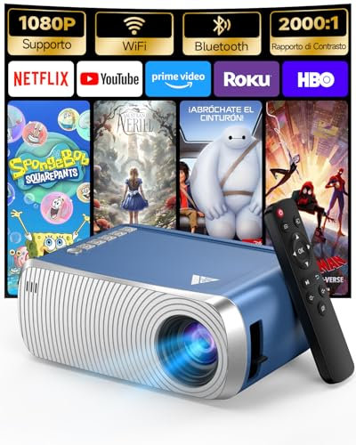 Mini Proiettore Portatile, Proiettore WiFi e Bluetooth 5.4, Videoproiettore Cinematografico da Esterno, Proiettore 4k 1080P FHD per Camera da Letto, Proiettore HDMI per Telefono/HDMI/USB/TV Stick