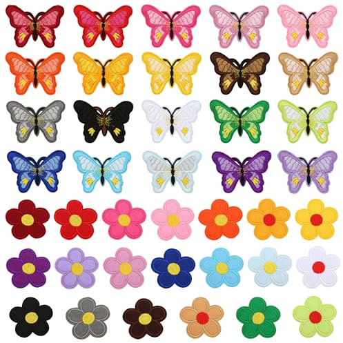 40 Stück Patches zum Aufbügeln, Blume Flicken Patches Schmetterling Bestickte Kinder Aufnäher Bügelbilder Applikation Aufbügelflicken für Hut, Jeans, Rucksäcke, DIY Kleidung