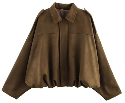 CUFEZN Bomberjacke für Damen, Kunstwildleder, übergroß, Streetwear, lässig, Revers, langärmelig, Motorradjacke, 2025, trendiger Y2k-Mantel