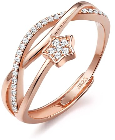 JeweBella 925 Sterling Silber Ringe Damen Verstellbar Ewigkeit Zirkonia Herz Stern Versprechen Ring Ehering Verlobungsring Jubiläum Schmuck Geschenk Silber Gold Rosegold