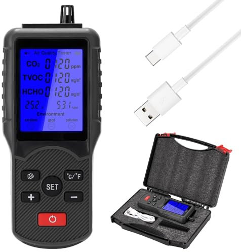 KOROBIE Gasmelder, 8in1 Luftqualitätstester CO2-Messgerät Gasanalysator CO2-Sensor TVOC-Messgerät Kohlendioxidsensor Temperatur-Feuchtigkeitsmessgerät Für Arbeit und Zuhause