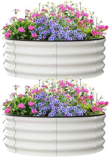 Rundes verzinktes Hochbeet, 2er-Pack 60 x 60 x 30 cm verzinktes Hochbeet für die Gartenarbeit, runder Pflanzkasten aus Metall zum Anpflanzen von Pflanzen, Gemüse und Blumen (Weiß)