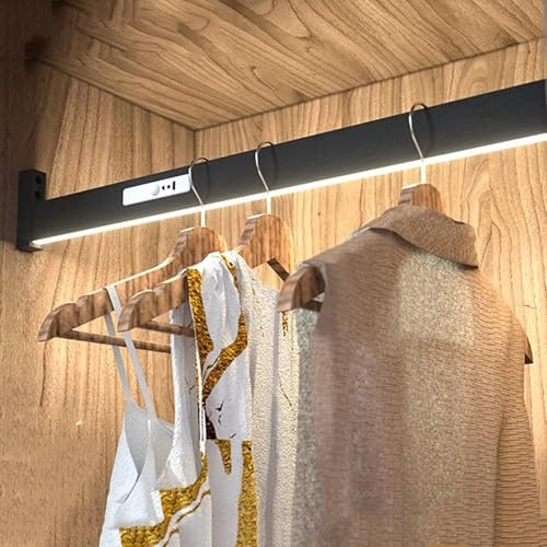 DUOAZJL Kleiderstange Für Den Kleiderschrank Mit Licht, 40–140 cm Kleiderstange Aus Metall, Schwarze Kleiderstange, LED-Licht Mit Eingebauter Lithiumbatterie, Tragkraft 50 Kg, LED-Lichtstange(1150mm)