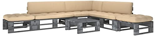 Teenpull Graues 6-TLG. Paletten-Lounge-Set aus imprägniertem Kiefernholz, wetterfest für Garten, Terrasse & Balkon, inklusive Beiger Kissen, Robustes Outdoor-Sofa-Set mit Tisch