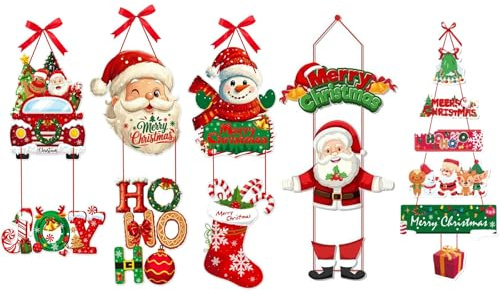 5 Pcs Christmas Door Decorations And Wall Hanging Signs Santa Claus, Snowman And Tree Banner Xmas Party Decorations for Home Sign For Front Window Wall Xmas Office Classroom Indoor Outdoor