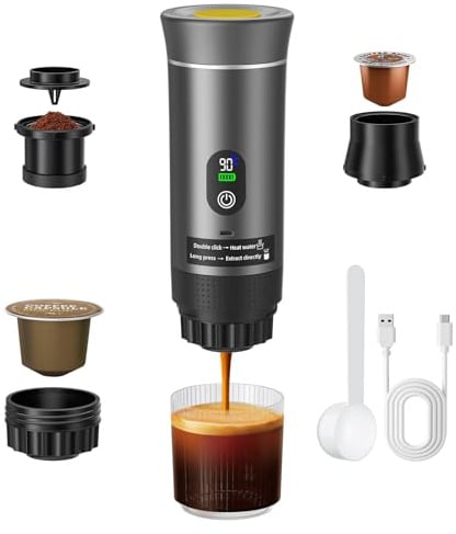 Trsaow Macchina per caffè Espresso Portatile, Macchina per Caffè Elettrica 3 in 1, Caffettiera Portatile da Campeggio, Mini Autoriscaldante, Compatibile con Caffè Macinato e Capsule (Grigio)