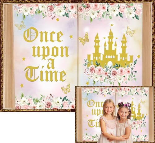 XCKALI Once Upon a Time Hintergrund Märchenbücher Fotografie Hintergrund Rosa Blumen Prinzessin Schloss Party Dekoration 2,1 x 1,5 m