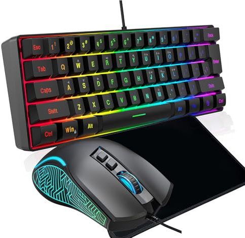 Cuifati Combo de Teclado y Mouse para Juegos, Retroiluminado RGB, con Cable USB, 61 Teclas, Teclado Mecánico 60%, Mouse óptico dpi Ajustable para Juegos y Trabajo, con Alfombrilla para (Conjunto