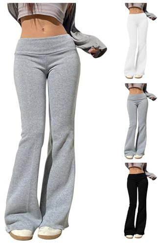 Yogahose Damen Schlaghose Sexy Y2K Low Waist Flared Leggings Grau Stretch Skinny Bootcut Hose Baumwolle Blickdicht Jazzpants Jogginghose Einfarbige Sporthose Hüfthose Teenager Mädchen Streatwear