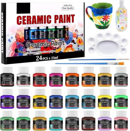 MIUUIPI Porzellanfarbe Set, 24er x 25ml Keramikfarben zum Einbrennen, Porzellanfarbe Spülmaschinenfest, Keramik Bemalen Set mit 1 Malpalette & 2 Malpinsel, Ideal zum Tassen Bemalen Keramik Glas