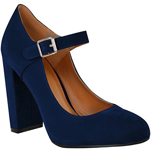 Womens Block High Heels Ankle Strap Court Shoes Ladies Mary Jane Comfort Work Pumps Formal Smart Office Heeled Party Occasion Strappy Slip On Heel Sandals Navy Blue Faux Suede 5 UK