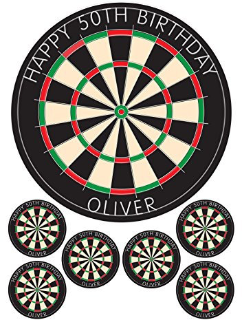 PERSONALISED DARTS DARTBOARD 7.5 & 6 x 2 ROUND EDIBLE TOPPERS CAKE CUPCAKE ICING SHEET