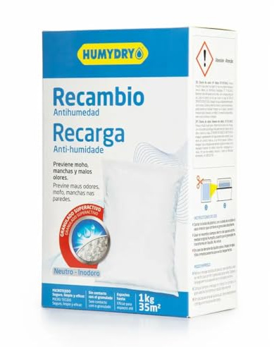 HUMYDRY-Luftentfeuchter Nachfüllpack 1kg– Universeller Beutel für Luftentfeuchter–Ohne Duft– Absorbiert Feuchtigkeit in Räumen bis zu 35 m²–Kompatibel mit 1kg Premium-und Magnum-Geräten