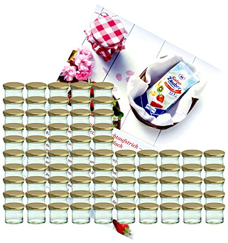 MamboCat 75er Set Sturzglas 125 ml Marmeladenglas Einmachglas Einweckglas to 66 Goldener Deckel incl. Diamant-Zucker Gelierzauber Rezeptheft