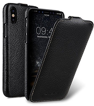 Edle Tasche für Apple iPhone XS und iPhone X / Case Außenseite aus beschichtetem Leder / Schutz-Hülle aufklappbar / Flip-Case / Etui / ultra-slim / Cover Innenseite aus Textil / Schwarz