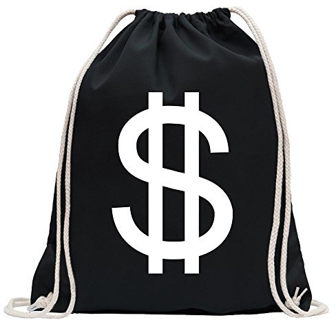 Kiwistar - Turnbeutel - schwarz - Dollarzeichen - Dollar Zeichen - Fun Rucksack Sport Beutel Gymsack Baumwolle mit Ziehgurt