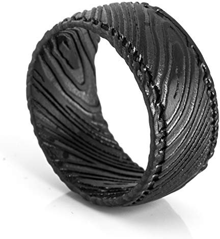 Akitsune Orbis Ring | Damaskus Stahl Ring Frauen Herren Edelstahl Damaszener - Mattschwarz - US 10