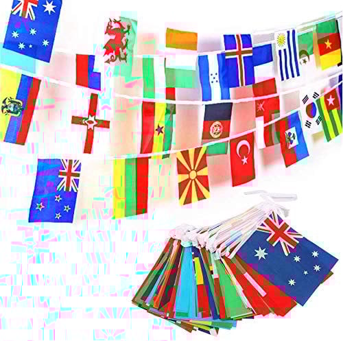 JZK 50 Mètres, 200 International Bannière Drapeaux Drapeau du Monde Bruant Bannière Suspendus Fanion Décorations pour Coupe du Monde, Jeux Fête