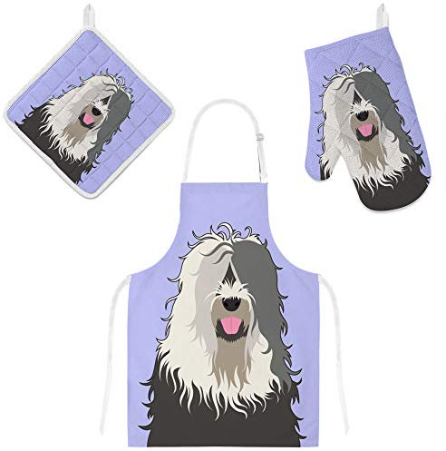 My Daily Küchenschürze mit Taschen, Ofenhandschuh und Topflappen Set, Old English Sheepdog, verstellbare Kochschürze, Mikrowellen-Handschuh, Topflappen, 3-teilig
