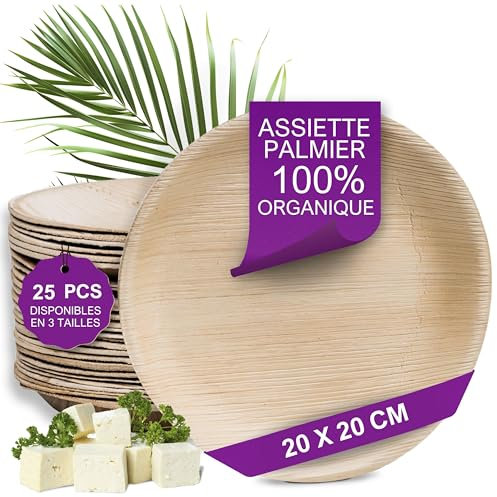 Waipur 25 Platos Desechables de Hoja de Palma Ecológicos - Redondo Ø 20 cm - Vajilla Orgánica - Estable, Natural y Biodegradable - Elegantes para Fiestas - como Menaje de Bambu