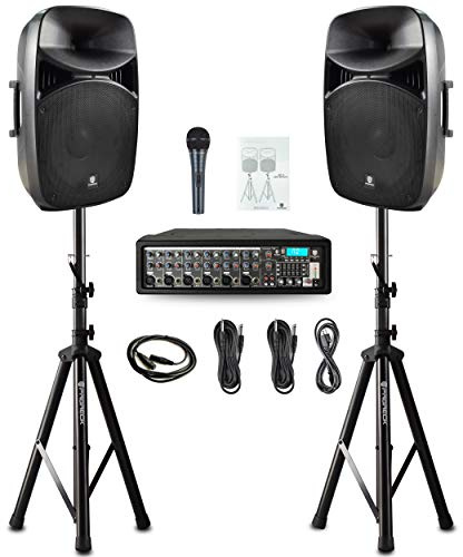 PRORECK MX15 15inch 2500W Bluetooth Powered PA System Mixer/Amp with Stands/Mic Effect Controller 48V Phantom Power, Audio Interface