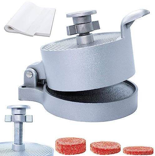 laffeya Burger Press, Hamburger Maker with 50 Non Stick Patty Papers, Adjustable Burger Press Makes 4 1/2 Patties, 1/4Lb To 3/4Lb (Burger Press with paper)