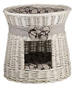 e-wicker24 Runde Katzenhütte, Katzenkorb aus Weide, Korb für die Katze mit Zwei Etagen, Katzenlager mit Kissen und Schleife, Katzenturm (Cremefarben_beige)