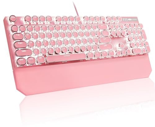 MageGee Typewriter Mechanical Gaming Keyboard, Retro Punk Round Keycap LED White Backlit USB Wired Keyboards for Game and Office, for Windows Laptop PC Mac (Blue Switches/Pink)