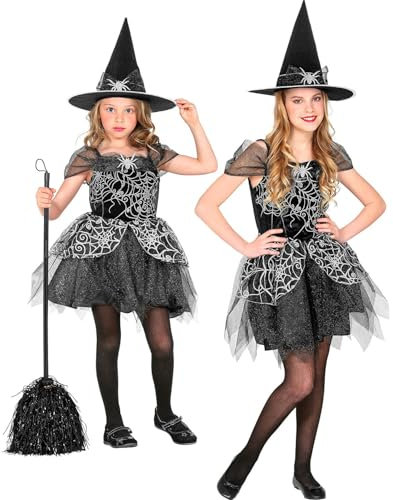 W WIDMANN MILANO Party Fashion - Kinderkostüm Hexe, 2-teilig, Kleid und Hut, Schwarz-Silber, Spinnen-Netz, Märchen, Kostüm, Verkleidung, Mottoparty, Karneval, Halloween