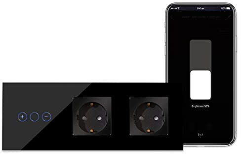 CNBINGO WLAN Dimmschalter mit Schuko Doppelsteckdose Unterputz - Smart Touch Lichtschalter Arbeit mit Alexa, Google Assistant - Glas Wandschalter Schwarz - Neutralleiter Wird Benötigt
