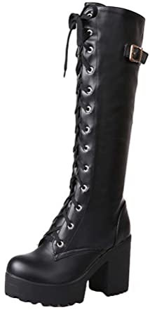 Minetom Stivali Donna Alti PU Tacchi Blocco Goth Punk Stivali Alti Stringata Scarpe Autunno Invernali Stivali da Motociclista A Nero 40 EU