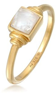 Elli Ring Damen Quadrat Vintage mit Mondstein in 925 Sterling Silber Vergoldet