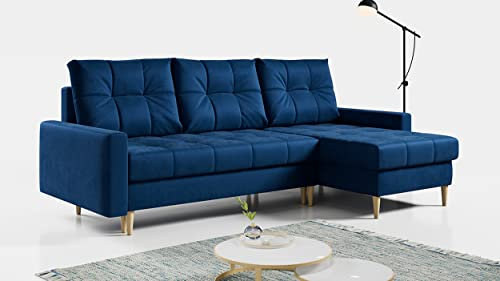 MKS MEBLE Ecksofa - L-Form Sofa mit Schlaffunktion - Wohnlandschaft L Form, Ecksofa mit Schlaffunktion und Bettkasten, Schlafsofa mit Bettkasten, Couch mit Schlaffunktion - Dunkelblau Astra