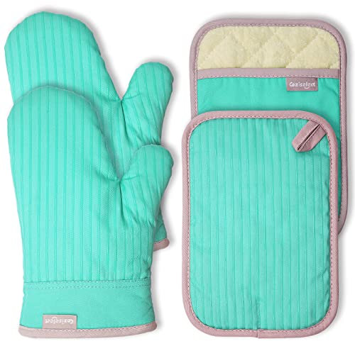 Coziselect Gants de Four, Gants de Cuisine Résistants à la Chaleur et Set de Maniques, Design Antidérapant en Silicone, Adaptés pour la Cuisine, la Cuisson au Four, Les Grillades,Vert