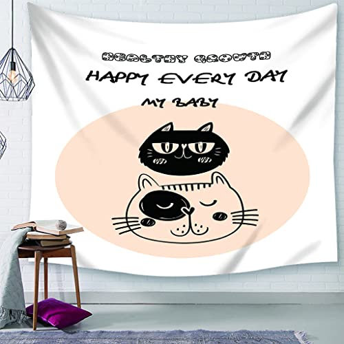 EHOMERY Wandbehang Zum Aufhängen Wanddekoration Poster Beige Süße Cartoon-Katze Wandteppich Querformat Wanddekoration Tumblr Wandbehang Wandschmuck Groß Schlafzimmer Wohnzimmer 37X29 Inches
