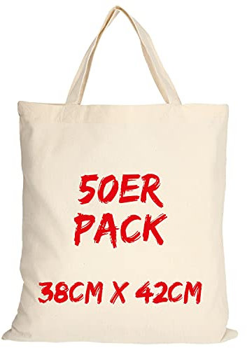 TEXXILLA Baumwolltasche - 50er Pack | Natur | mit Zwei kurzen Henkeln | 38x42cm | Jutebeutel | Einkaufstasche | unbedruckt