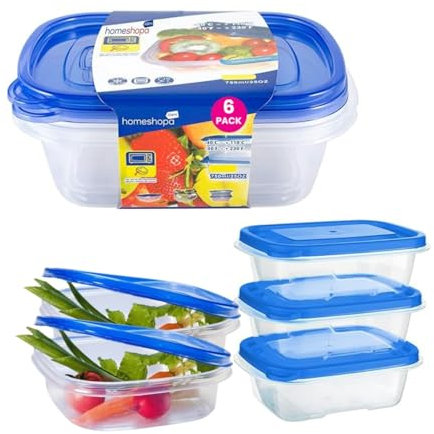HOMESHOPA Food Storage Containers, 6 Pack Rectangular BPA Free Plastic Containers with Airtight Lids, Reusable, Stackable, Nestable Meal Prep Boxes, Microwavable Freezer Dishwasher Safe, 750 ML