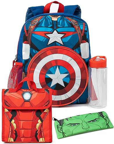 Marvel Boys Backpack Set | Kids 4 Piece Blue Rucksack Set with School Bag, Pencil Case, Lunch Bag & Water Bottle | Captain America, Iron Man & Hulk Avengers Matching Bundle | Back to School Gifts