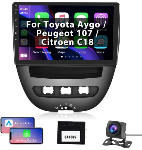 Android Autoradio per Toyota Aygo/Peugeot 107/Citroen C1 2004-2014 Carplay Android Auto, 2 Din Radio Touch Screen 10,1 Pollici Navigazione GPS, Bluetooth, WiFi, Radio FM RDS, Canbus Telecamera