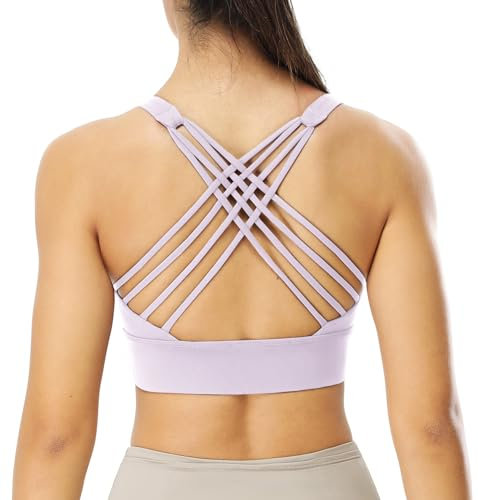 icyzone Damen Sport-BH Gepolstert Ohne Bügel Yoga Bra Gekreuzt Rücken Sport Gym Fitness BH (Pale Violet, M)