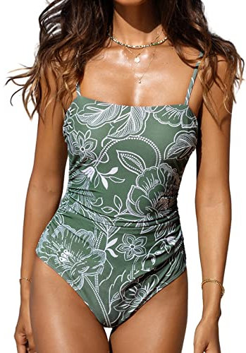 CUPSHE Damen Badeanzug Bandeau Bauchweg Raffung Quadratischer Ausschnitt Riemendesign Blumenmuster Einteilige Bademode Swimsuit Grüne Blumen L