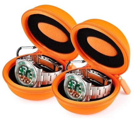 HELMDY Reise-Uhrenbox für Männer und Frauen, Uhrenbox mit Reißverschluss, mit Karabinerhaken Und Schwamm, Tragbare runde Uhr Aufbewahrungsbox, Geeignet für alle Uhren unter 50 mm (Orange-2 Stück)